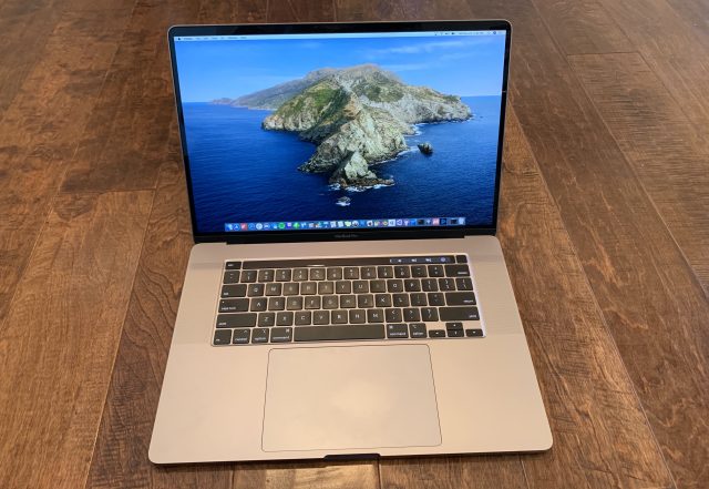 A full view of the reduced bezels and tweaked keyboard on the new MacBook Pro.
